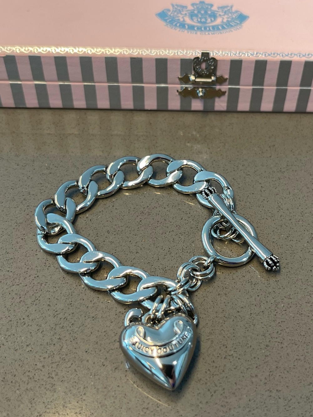 Juicy Couture Silver Heart Charm Toggle Bracelet